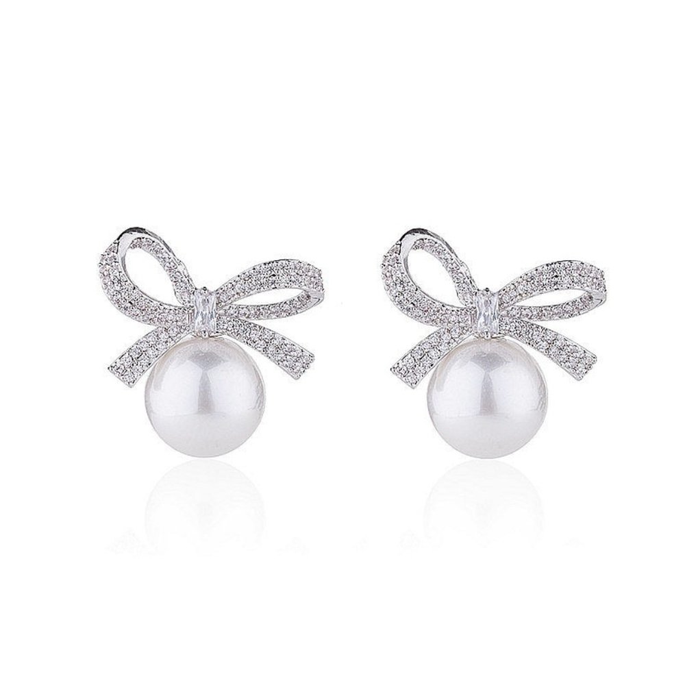 NEW Bowtie Pearl CZ Stud Earrings - Picture 4 of 5
